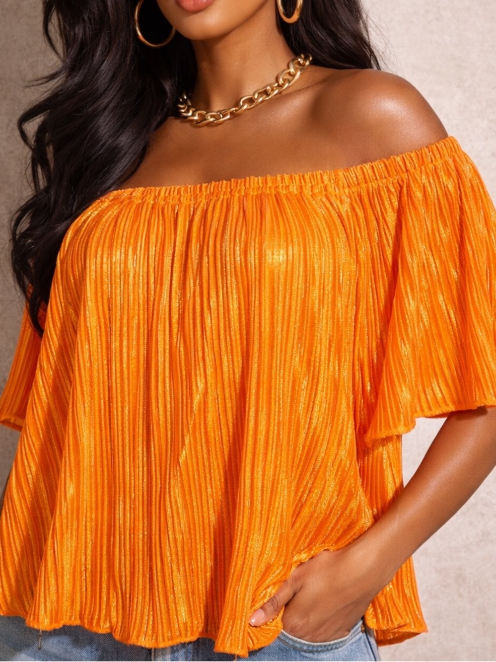 Off shoulder Orange Shimmer Pleated Top
